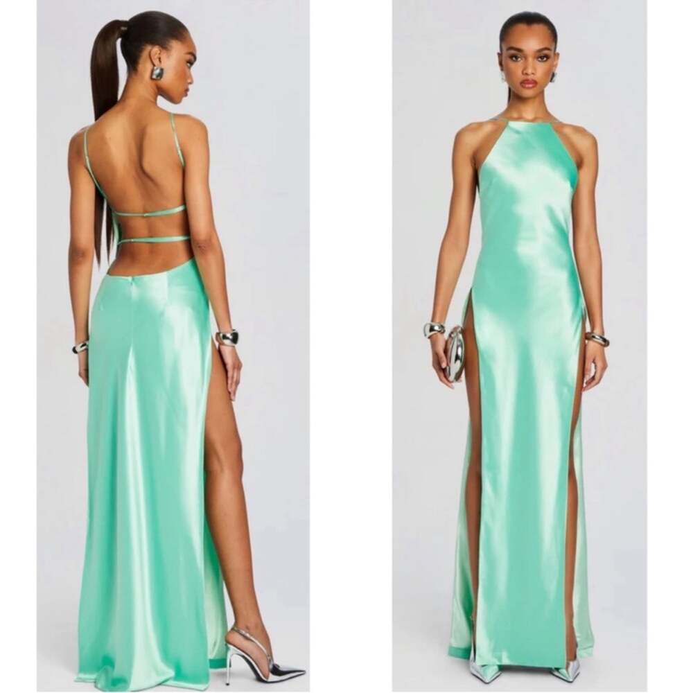 RETROFETE Nyssa Halterneck High Slit Pistachio Green Maxi Dress Size Large